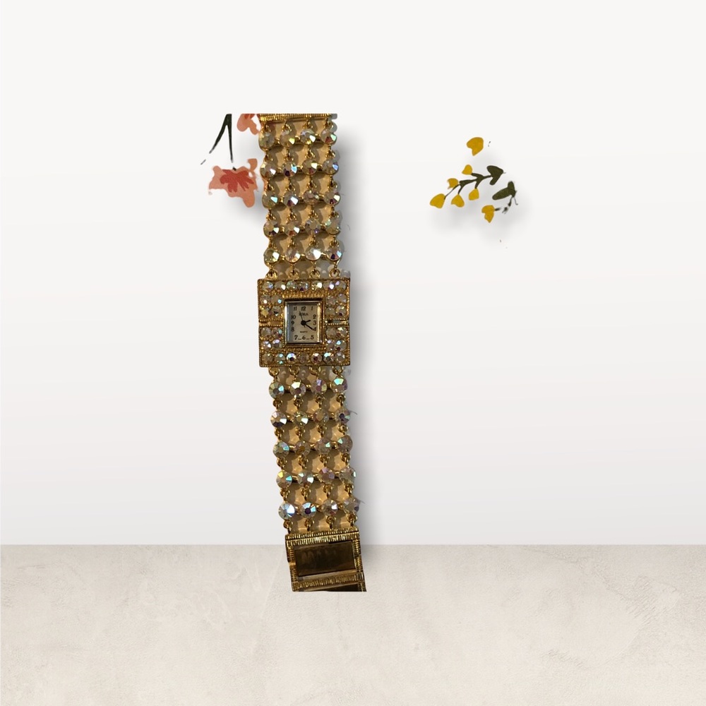 Vintage Bora Quartz Watch Square Face w Individually set Rhinestones Gold Links - Picture 6 of 12